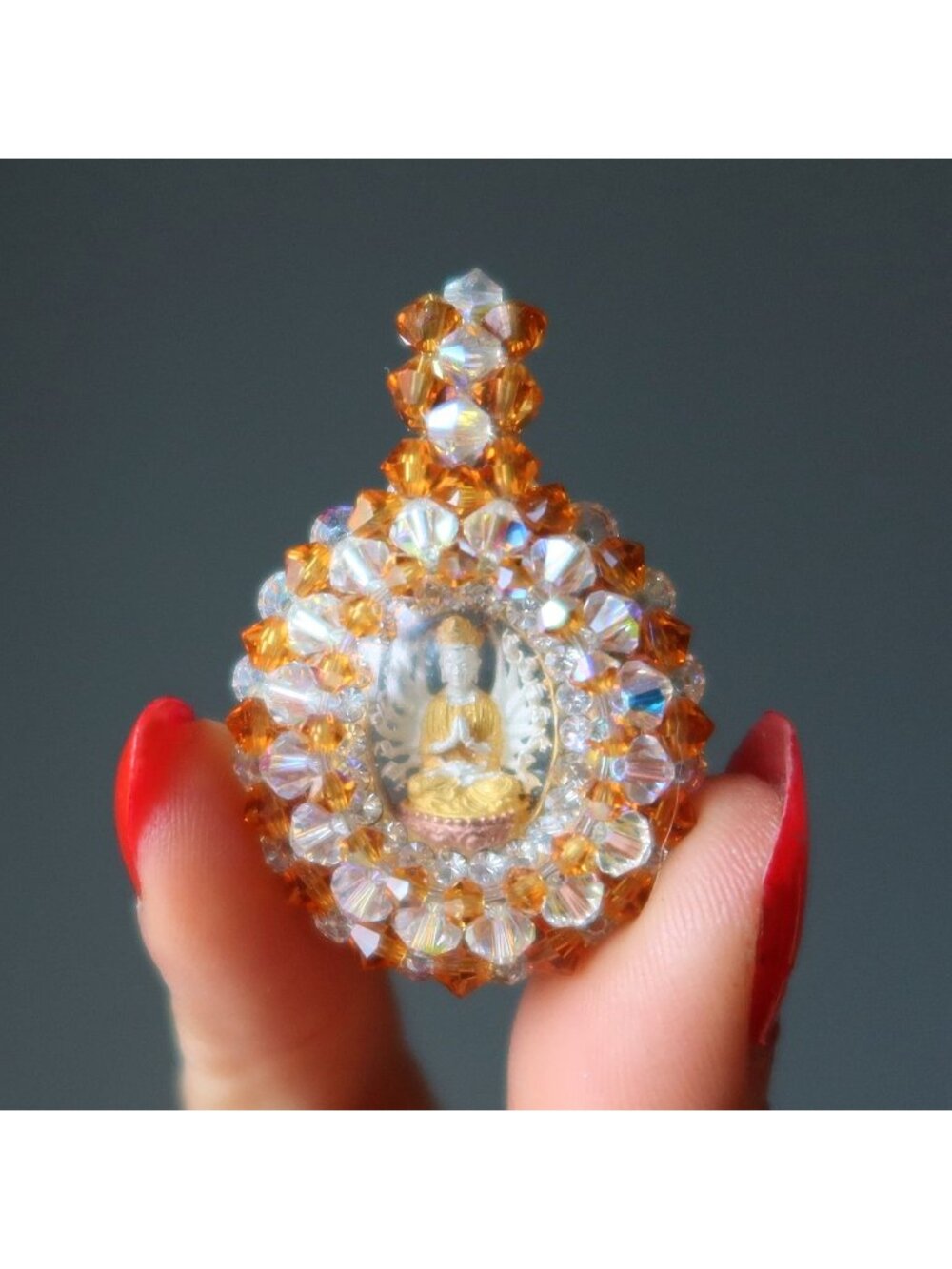 Kwan Yin Pendant Goddess Beaded Crystal 18K Gold Buddhist Charm Quanyin Macrame